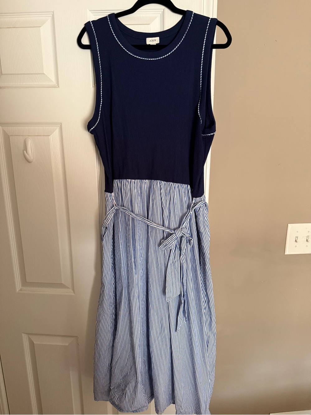 J. Crew Navy Knit Bodice with Light Blue & White Striped Skirt Midi Dress